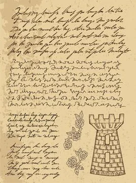 Design set with old hand written text and tower Stockillustratie