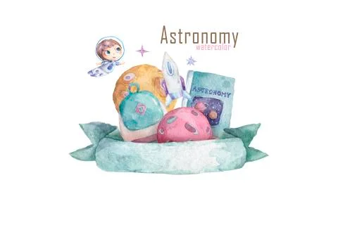 Design set with school items for astronomy. Hand drawn watercolor illustratio Stock Illustration