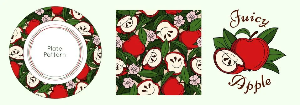 Design set for tableware. Seamless pattern, emblem, round frame. Vector 스톡 일러스트