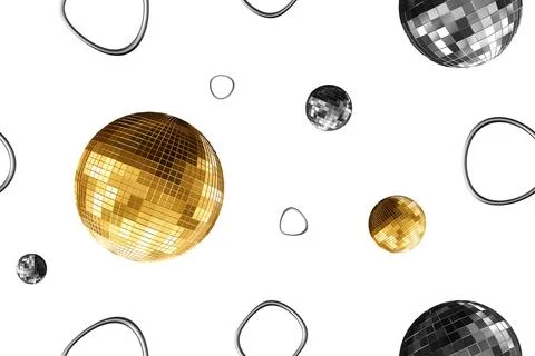 The design showcases a seamless pattern filled with vibrant disco balls and c Illustrazione stock