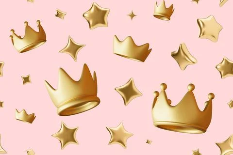 This design showcases a seamless pattern with glossy golden crowns and stars  Foto stock