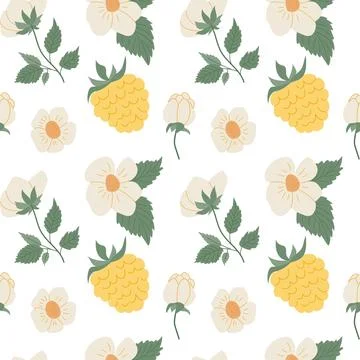 This design showcases a vibrant pattern with Yellow raspberry, white flowers, Stock Illustration