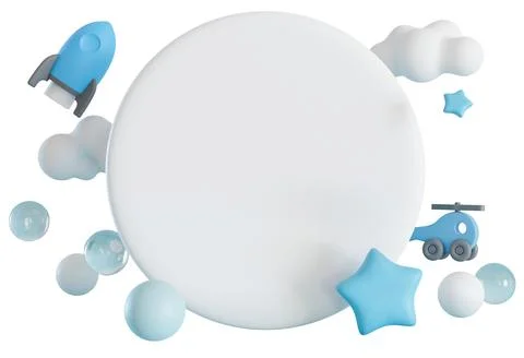 Design shows a circle with space for text. It includes clouds, a blue rocke.. Stock Photos