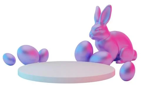 A design shows an Easter podium featuring a bunny and several eggs in vibra.. Stock Photos