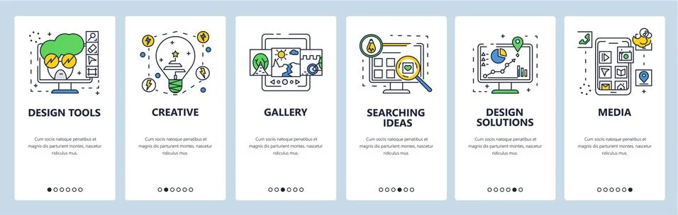 Design solutions, tools, ideas. Mobile app onboarding screens, vector website Stock Illustration