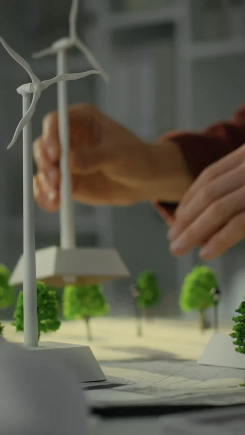 Design specialist places a mini windmill model with care during a project Stock Footage 331569786