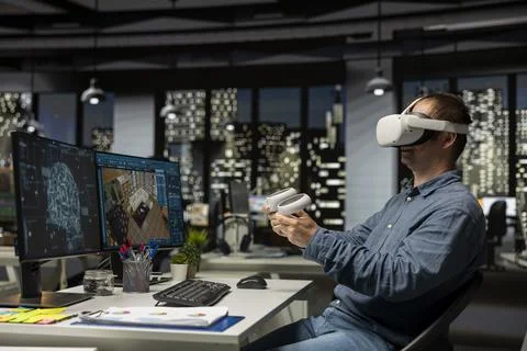 Design specialist using VR glasses and AI on interior design program at office Stock Photos