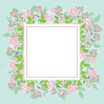 Design spring template. Card with square frame and herb on blue background. Stock Illustration