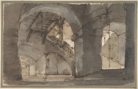 Design for a Stage Set: A Dungeon with High Vaults and a Staircase at Right.. Ilustración de archivo