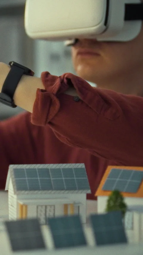 In design studio architect uses virtual reality to manipulate 3D models of h Stock Footage 334394873