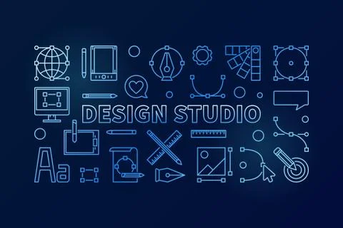 Design studio blue vector line illustration or banner Stock Illustration