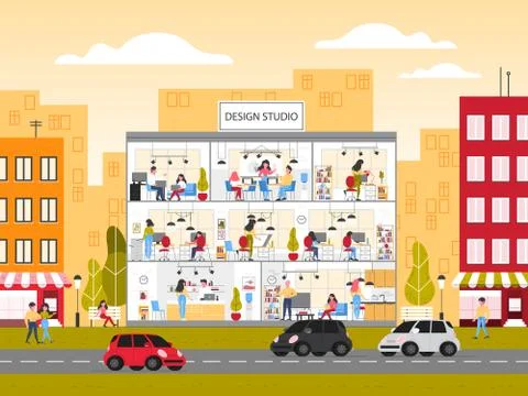 Design studio building interior. Office workplace designer. Ilustración de archivo