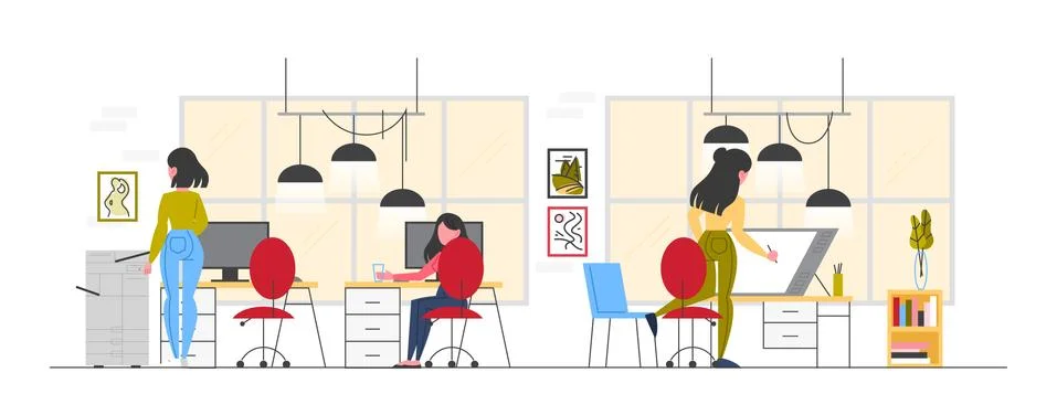 Design studio building interior. Office workplace designer. Ilustración de archivo