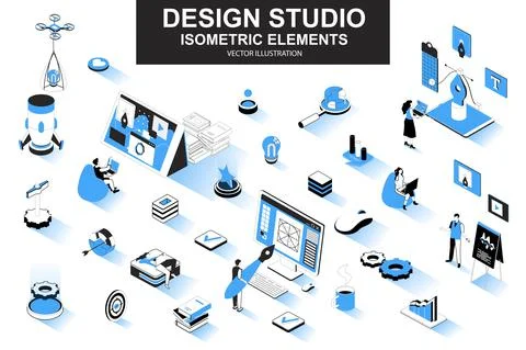 Design studio bundle of isometric elements. Ui UX design, font typography, front Stock Illustration