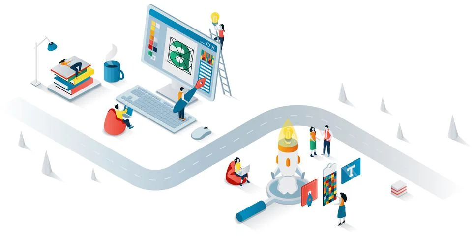 Design studio concept 3d isometric web banner. Vector illustration Stockillustratie