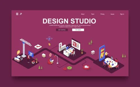 Design studio concept 3d isometric landing page template. People work in cr.. Stock Illustration
