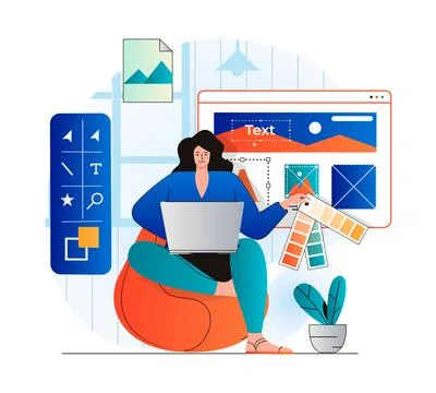 Design studio concept in modern flat design. Woman designer select colors from Ilustración de archivo