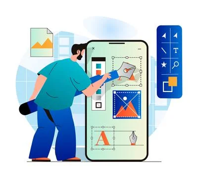 Design studio concept in modern flat design. Man designer drawing graphic Stock Illustration