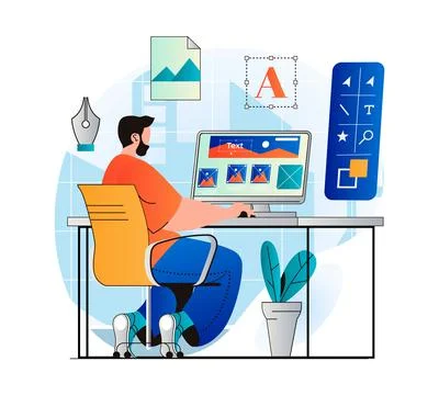 Design studio concept in modern flat design. Man designer creates content for イラスト素材
