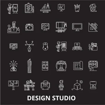 Design studio editable line icons vector set on black background. Design studio Ilustración de archivo