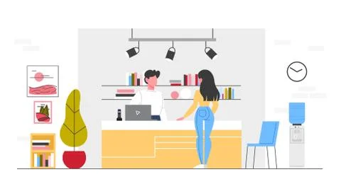 Design studio reception concept. Woker standing at the counter Ilustración de archivo