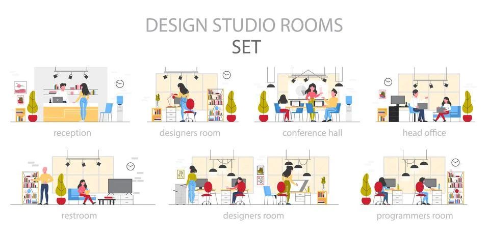 Design studio room interior set. Office workplace designer. Stock-Illustration