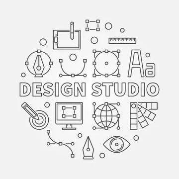 Design studio round vector outline illustration Stock Illustration