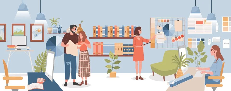 Design studio vector flat illustration. Colleagues discussing work, young woman Stock Illustration