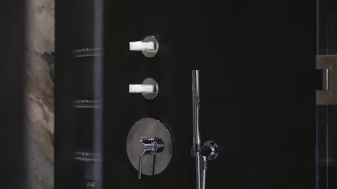 Design of stylish bathroom interior decorated with ceramic tiles imitating Stock Footage 263674575
