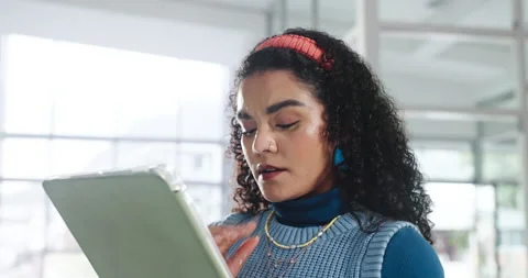 Design, tablet and thinking with business woman in office for creative process Stock Footage 314093301