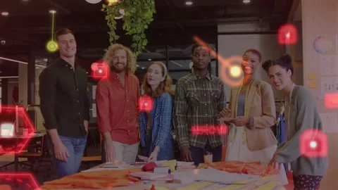 Design team checking fabrics, red hex overlay passing, causing tablet tapping Stock Footage 333830525