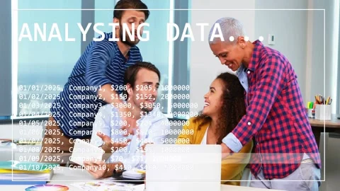 Design team leaning over laptop, analyst showing sheets, ANALYSING DATA overlay Stock Footage 333425524