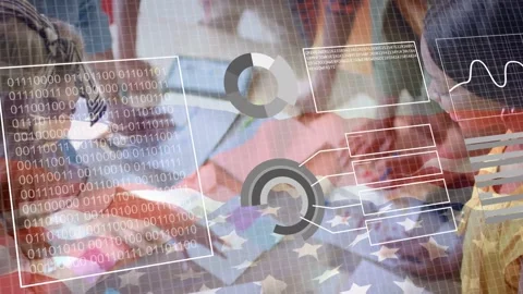 Design team leaning over star cloth table, overlays appearing and aiding tablet Stock Footage 334788892