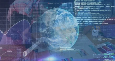 Design team leaning over table, causing hologram globe over table and data Stock Footage 333830276
