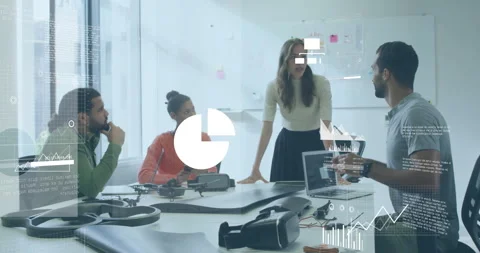Design team sitting at table during strategy meeting designer rising and causing Stock Footage 312348897