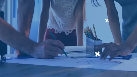Design team sketching blueprints, left starting green pencil, animated lines Stock Footage 331085225