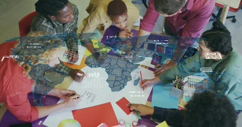 Design team spreading color sheets, swatches activating map overlay flickering Stock Footage 330114728