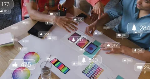Design team tapping phone screens and testing color, sparking animated Stock Footage 331613910