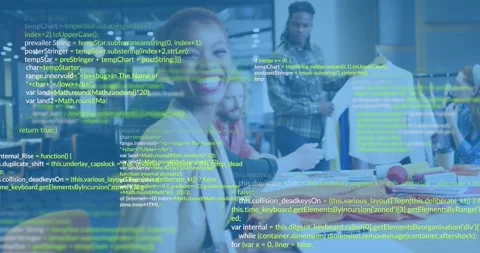 Design team working with fabric samples while code overlay appearing blending Stock Footage 318047100