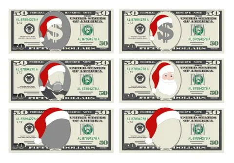 Design template 50 Dollars Banknote with Santa Claus and red hat. Stock Illustration