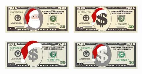 Design template 50 Dollars Banknote with Santa Claus and red hat. Stock Illustration