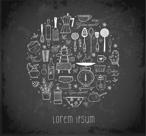 Design template with doodle kitchen utensils and place for your text on Illustrazione stock