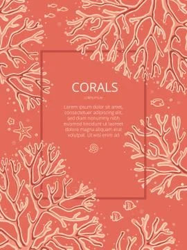 Design template with hand-drawn corals on a living coral background with place Stock Illustration