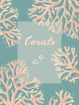 Design template with hand-drawn corals on a living corals background with place Stock Illustration