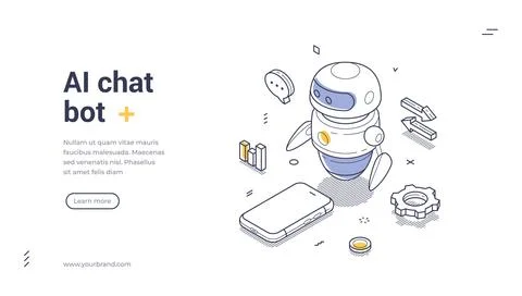 Design template for an isometric web banner featuring an AI chat bot characte Illustrazione stock