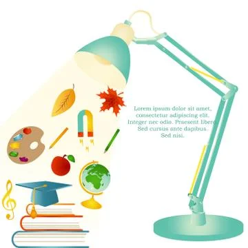 Design template with school items, text and desk lamp Stock Illustration