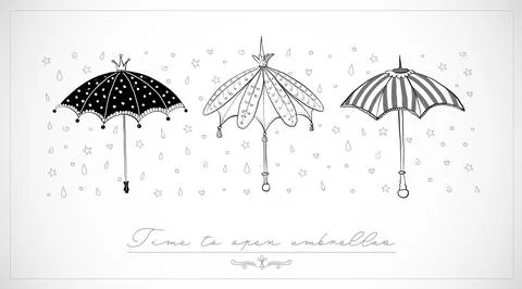 Design template with three doodle vintage umbrellas on white background with Stock Illustration