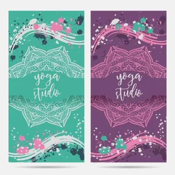Design template for yoga studio with mandala ornament and splashes Stock Illustration