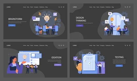 Design Thinking dark or night mode web layout set. From brainstorm Illustrazione stock