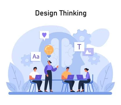 Design Thinking process illustration. Team collaborates on creative solutions 스톡 일러스트